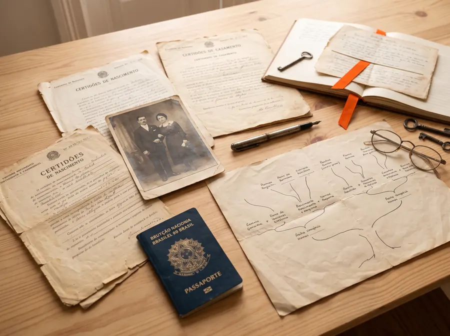 Certidões antigas, fotografia de família e passaporte brasileiro sobre a mesa